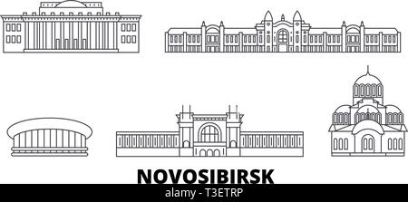 La Russie, Novosibirsk voyage ligne jeu skyline. La Russie, Novosibirsk contours city vector illustration, symbole de voyage, sites touristiques, monuments. Illustration de Vecteur