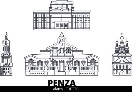 La Russie, de Penza voyages ligne skyline set. La Russie Penza, contours d'illustration vectorielle, symbole de la ville, les voyages touristiques, monuments. Illustration de Vecteur