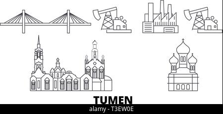 La Russie, voyages en ligne Tumen skyline set. La Russie, contours Tumen city vector illustration, symbole de voyage, sites touristiques, monuments. Illustration de Vecteur