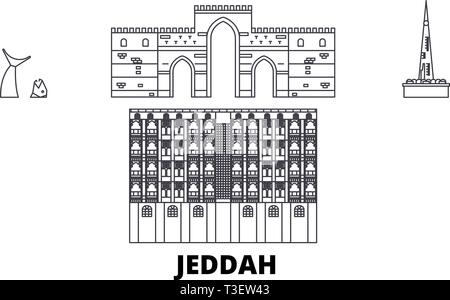 L'Arabie saoudite, Jeddah voyages ligne skyline set. L'Arabie saoudite, Jeddah contours city vector illustration, symbole de voyage, sites touristiques, monuments. Illustration de Vecteur