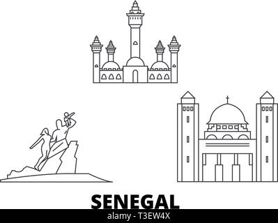 Sénégal voyage ligne. set skyline Sénégal contours city vector illustration, symbole de voyage, sites touristiques, monuments. Illustration de Vecteur
