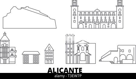 L'Espagne, Alicante voyage ligne jeu skyline. L'Espagne, Alicante ville contour vector illustration, symbole de voyage, sites touristiques, monuments. Illustration de Vecteur