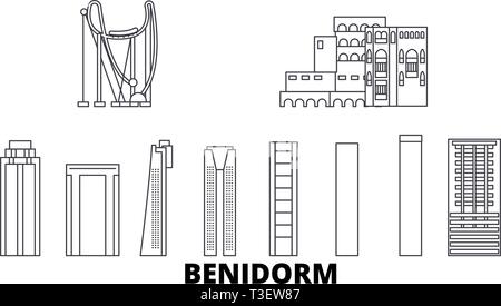 L'Espagne, Benidorm skyline voyages en ligne. L'Espagne, Benidorm contours city vector illustration, symbole de voyage, sites touristiques, monuments. Illustration de Vecteur