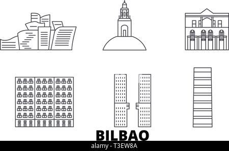 L'Espagne, Bilbao voyage ligne jeu skyline. L'Espagne, Bilbao ville contour vector illustration, symbole de voyage, sites touristiques, monuments. Illustration de Vecteur