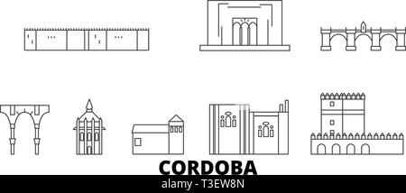 L'Espagne, Cordoba ligne jeu skyline. L'Espagne, Cordoba ville contour vector illustration, symbole de voyage, sites touristiques, monuments. Illustration de Vecteur