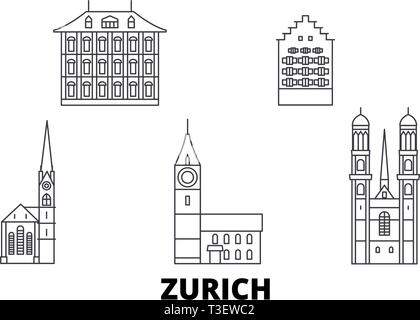 La Suisse, Zurich voyage en ligne jeu skyline. La Suisse, Zurich ville contour vector illustration, symbole de voyage, sites touristiques, monuments. Illustration de Vecteur