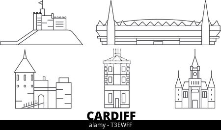 Royaume-uni, Cardiff voyages ligne jeu skyline. Royaume-uni, Cardiff City contour vector illustration, symbole de voyage, sites touristiques, monuments. Illustration de Vecteur