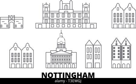 Royaume-uni, Nottingham skyline voyages en ligne. Royaume-uni, Nottingham contours city vector illustration, symbole de voyage, sites touristiques, monuments. Illustration de Vecteur