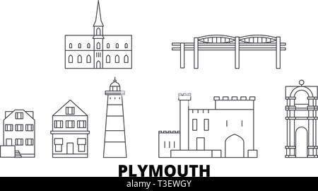 Royaume-uni, Plymouth horizon voyages en ligne. Royaume-uni, contours Plymouth City vector illustration, symbole de voyage, sites touristiques, monuments. Illustration de Vecteur