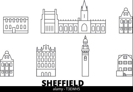 Sheffield, Royaume-Uni voyages ligne jeu skyline. Royaume-uni, contours de Sheffield City vector illustration, symbole de voyage, sites touristiques, monuments. Illustration de Vecteur