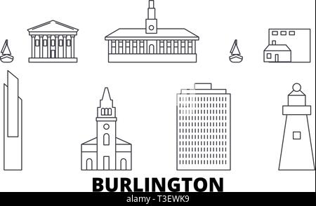 Ligne Burlington, États-Unis d'horizon voyage ensemble. United States, Burlington contours city vector illustration, symbole de voyage, sites touristiques, monuments. Illustration de Vecteur