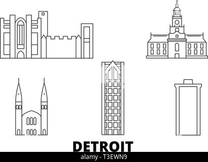 United States, Detroit voyage ligne jeu skyline. Contours, Detroit city vector illustration, symbole de voyage, sites touristiques, monuments. Illustration de Vecteur