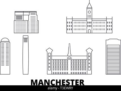 United States, Manchester voyage ligne jeu skyline. United States, contours de Manchester City vector illustration, symbole de voyage, sites touristiques, monuments. Illustration de Vecteur