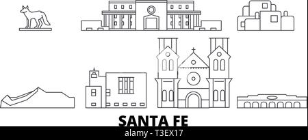 United States, Santa Fe skyline voyages en ligne. United States, Santa Fe ville contour vector illustration, symbole de voyage, sites touristiques, monuments. Illustration de Vecteur