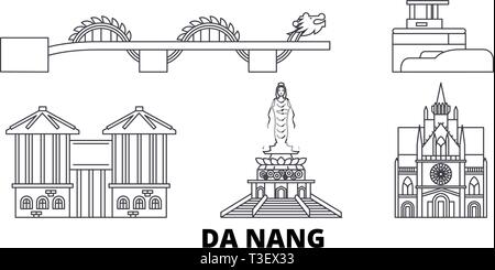 Da nang, Vietnam voyage en ligne jeu skyline. Vietnam, Da Nang city contour vector illustration, symbole de voyage, sites touristiques, monuments. Illustration de Vecteur