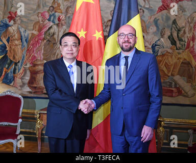 Bruxelles, Belgique. Apr 9, 2019. Le Premier ministre chinois Li Keqiang (L) rencontre le Premier ministre belge Charles Michel à Bruxelles, Belgique, 9 avril 2019. Credit : Zhang Ling/Xinhua/Alamy Live News Banque D'Images