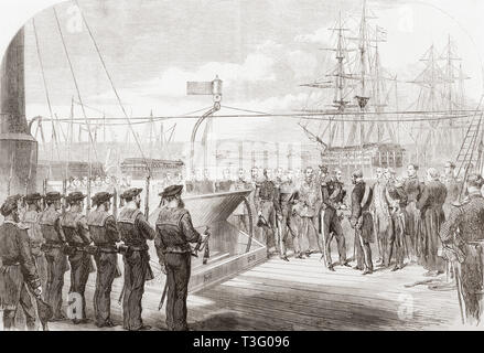 Le Festival navale internationale à Portsmouth, Angleterre, 1865. Le ministre de la marine française recevant amiral de la flotte, Sir Edward Seymour Hobart à bord du yacht Impérial Français Reine Hortense, 1865. À partir de l'Illustrated London News, publié en 1865. Banque D'Images