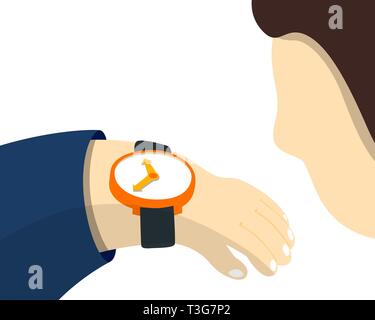 Montre bracelet homme sur la main dans le mouvement. Homme avec réveil vérifie la planification et le contrôle de la gestion du temps pour l'anayse concept effiecient et bus rentables Illustration de Vecteur