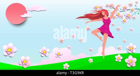 Une jeune fille danser parmi les fleurs. Dancing girl sur l'arrière-plan du soleil, du ciel et des fleurs. Illustration de Vecteur