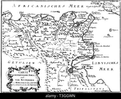 Dessin vectoriel d'antiquités ou d'une gravure de vintage carte décorative ou en Afrique du Nord de l'Empire romain fois. Livre Romishe d'Historie, partie 14, imprimé à Breslau, royaume de Prusse, 1762. Illustration de Vecteur