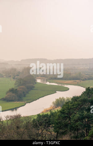 Vue panoramique sur la rivière Avon de Godshill Bois dans la nouvelle forêt au cours d'un jour brumeux au printemps 2019, le parc national New Forest, Hampshire, Royaume-Uni Banque D'Images