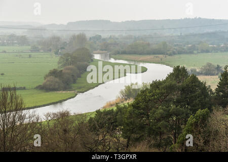 Vue panoramique sur la rivière Avon de Godshill Bois dans la nouvelle forêt au cours d'un jour brumeux au printemps 2019, le parc national New Forest, Hampshire, Royaume-Uni Banque D'Images