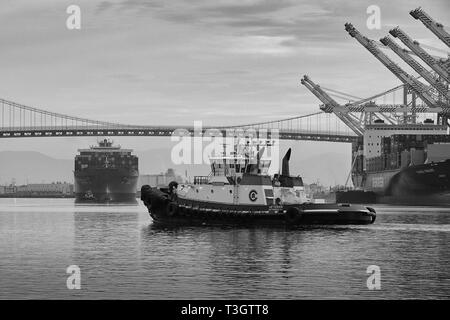 Photo en noir et blanc d'un remorqueur Maritime Crowley vétéran avec l'AUTOMNE CSCL-Conteneurs serrant sous le Vincent Thomas Bridge. Banque D'Images