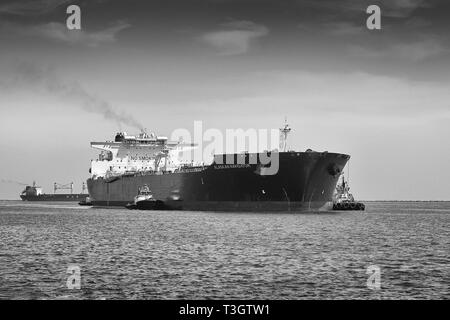 Photo en noir et blanc de Foss Maritime Tugboats guidant le superpétrolier géant, ALASKAN NAVIGATOR, alors qu'il entre dans le port de long Beach, Californie, États-Unis Banque D'Images