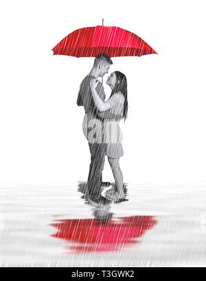 Couple nouvellement engagée au titre de grand parapluie rouge avec des réflexions d'entre eux dans l'eau ci-dessous. Image Concept Banque D'Images