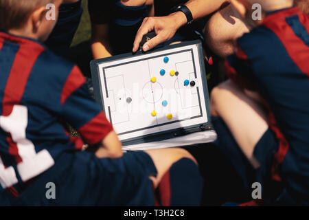 Conseil d'Entraîneur de football. Sports Football l'éducation. Close-up of Coaching COACH Enfants en utilisant l'entraîneur tactique magnétique Conseil Clip. Stratégie de Foootball blanc Whit Banque D'Images