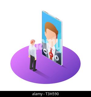 3D isométrique businessman having appel vidéo avec bossage sur smartphone. Consultation d'affaires en ligne et appel vidéo concept technologique. Illustration de Vecteur