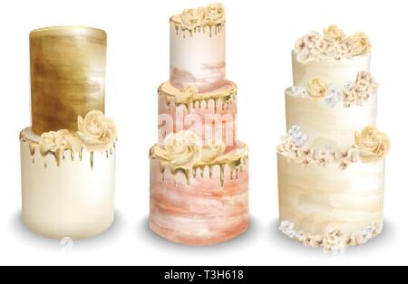 Gâteaux de mariage à Vector l'aquarelle. Vintage de délicieux gâteaux set Illustration de Vecteur