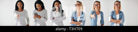 Collage de deux jeunes femmes chefs smiling avec différentes expressions en étant debout sur un fond blanc. Banque D'Images