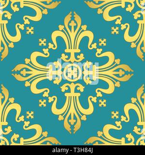 Ornement baroque Vintage floral damask, transparente, de luxe modèle d'illustration vectorielle. Oriental d'or sur fond bleu turquoise, remplages anciens rétro roc Illustration de Vecteur