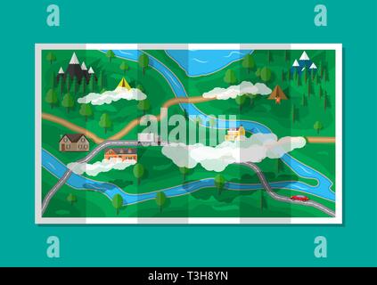 Réseau express régional carte papier avec Maisons à louer une voiture, arbres, route, rivière, montagne, Ciel et nuages. Le GPS et la navigation. Village. Vector illustration style de télévision Illustration de Vecteur