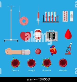 Journée du don de sang. Les droits de l'fait un don de sang. Part, microscope, poche de sang, goutte, la seringue et le coeur. Vector illustration dans télévision style. Illustration de Vecteur