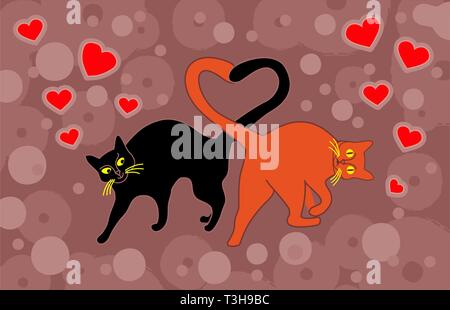 Les chats dans l'amour à cajoler tails forme de cœur sur un arrière-plan de fête. Vector illustration Illustration de Vecteur