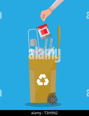 Corbeille corbeille pour les déchets contenant des métaux et de l'acier plein de choses. Bin pour le métal. Vector illustration en modèle plat Illustration de Vecteur