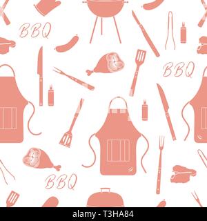 Modèle sans couture avec grill et barbecue outils. BBQ party background. Pour la conception de carte de parti, bannière, affiche ou imprimer. Illustration de Vecteur