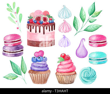 Définir, gâteau cupcake, macarons, guimauves, branches aquarelle illustration sur fond blanc. Faites à la main. Banque D'Images