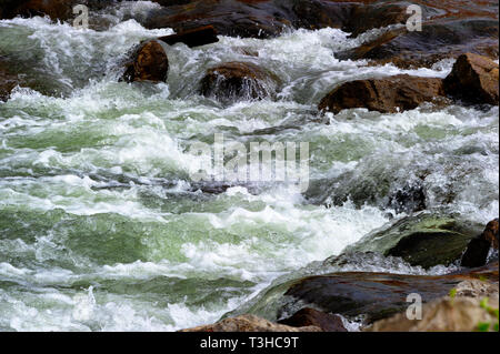 L'eau de la rivière coule en cascade sur les rochers dans la rivière créant des rapides. Banque D'Images