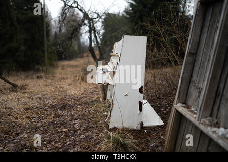 Old vintage piano blanc dans une forêt Banque D'Images