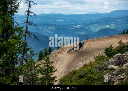 Un homme monte un vtt de descente sur un sentier au parc de vélo de Hafjell en Norvège. Banque D'Images