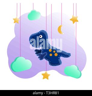 Tyrannosaurus bleu dans le style d'un jouet avec un fil de couture. Parmi les nuages et les étoiles. Décoration pour la chambre des enfants, d'affiches et l'impression Illustration de Vecteur