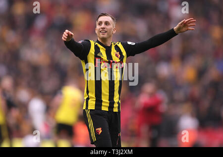 Gerard Deulofeu du Watford célèbre après le coup de sifflet final lors de la FA Cup semi finale au stade de Wembley, Londres. Banque D'Images