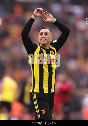 Gerard Deulofeu du Watford célèbre après le coup de sifflet final lors de la FA Cup semi finale au stade de Wembley, Londres. Banque D'Images