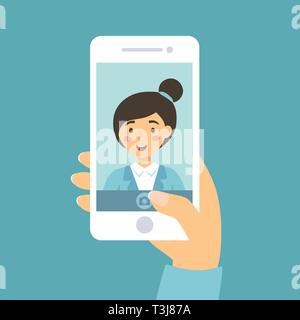 Vector illustration of a woman prendre une photo d'elle selfies soi avec le smartphone sur fond bleu. Illustration de Vecteur