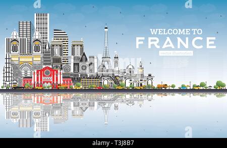 Bienvenue en France avec des toits de bâtiments gris et bleu ciel. Vector Illustration. Concept du tourisme avec l'architecture historique. France paysage urbain. Illustration de Vecteur