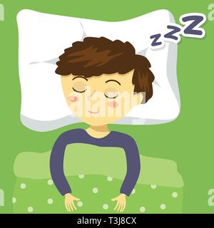 Petit Garçon endormi et ronflant sur le lit vert Illustration de Vecteur