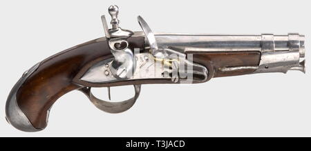 Un pistolet de Gendarmerie m'un IX, plus tard utilisé par un magicien. Le règlement modèle avec supports de fer, laiton et acceptation des timbres. Guide de la baguette équipée de canon de petit calibre 5 mm calibre, dans l'inflammation par une touche le trou et un évent d'amorces en diagonale ci-dessous le bon canon, dont l'artiste a utilisé pour tirer des balles de papier. Sa partenaire fit mine d'attraper la balle avec sa bouche et utilisées pour présenter une véritable balle de plomb qu'il avait coincé dans sa bouche avant, à l'étonnement des spectateurs. Longueur 25 cm. Apparemment de la collection du célèbre-Clearance-Info Additional-Rights, ma-Not-Available Banque D'Images